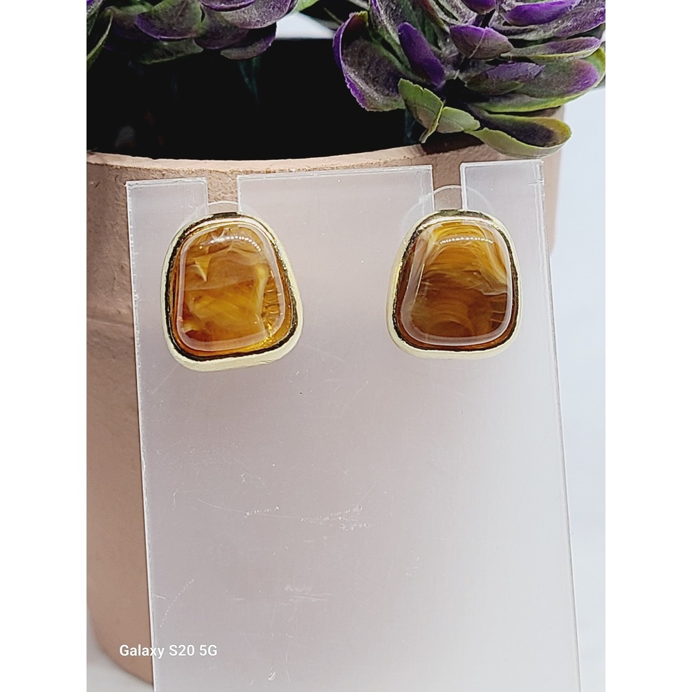Gold Tone Amber Marbled Resin Stud Earrings Square Domed Cabochon Modern Vintage